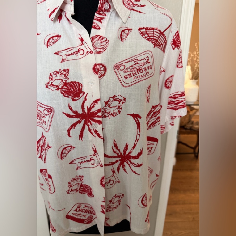 Angel Kiss White Button-Down Shirt with Red Tropical Print